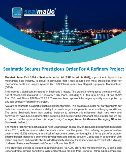 Sealmatic Secures Prestigious Order For A Refinery Project