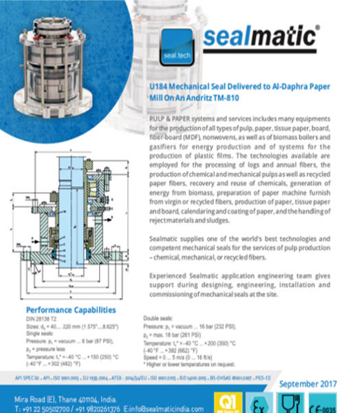 A U184 Mechanical Seal Ddelivered to AI-Daphra Paper Mill On An Andritz TM-810